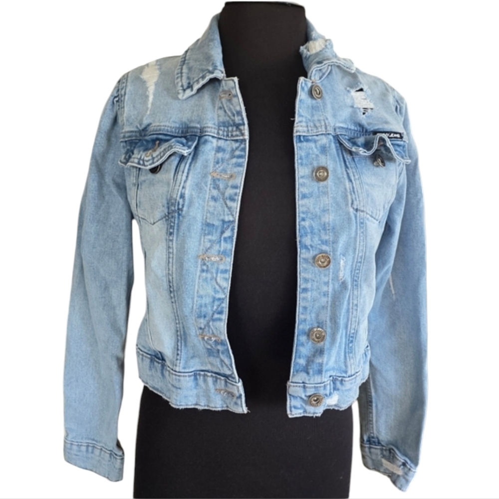 Vintage DKNY M Light Blue Jean Jacket Distressed Y2K Indie Baddie Slim Retro
